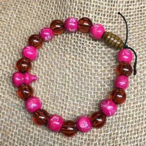 Exotic Asian Stretch Bracelet Hot Pink Amber Brown Round Retro BoHo